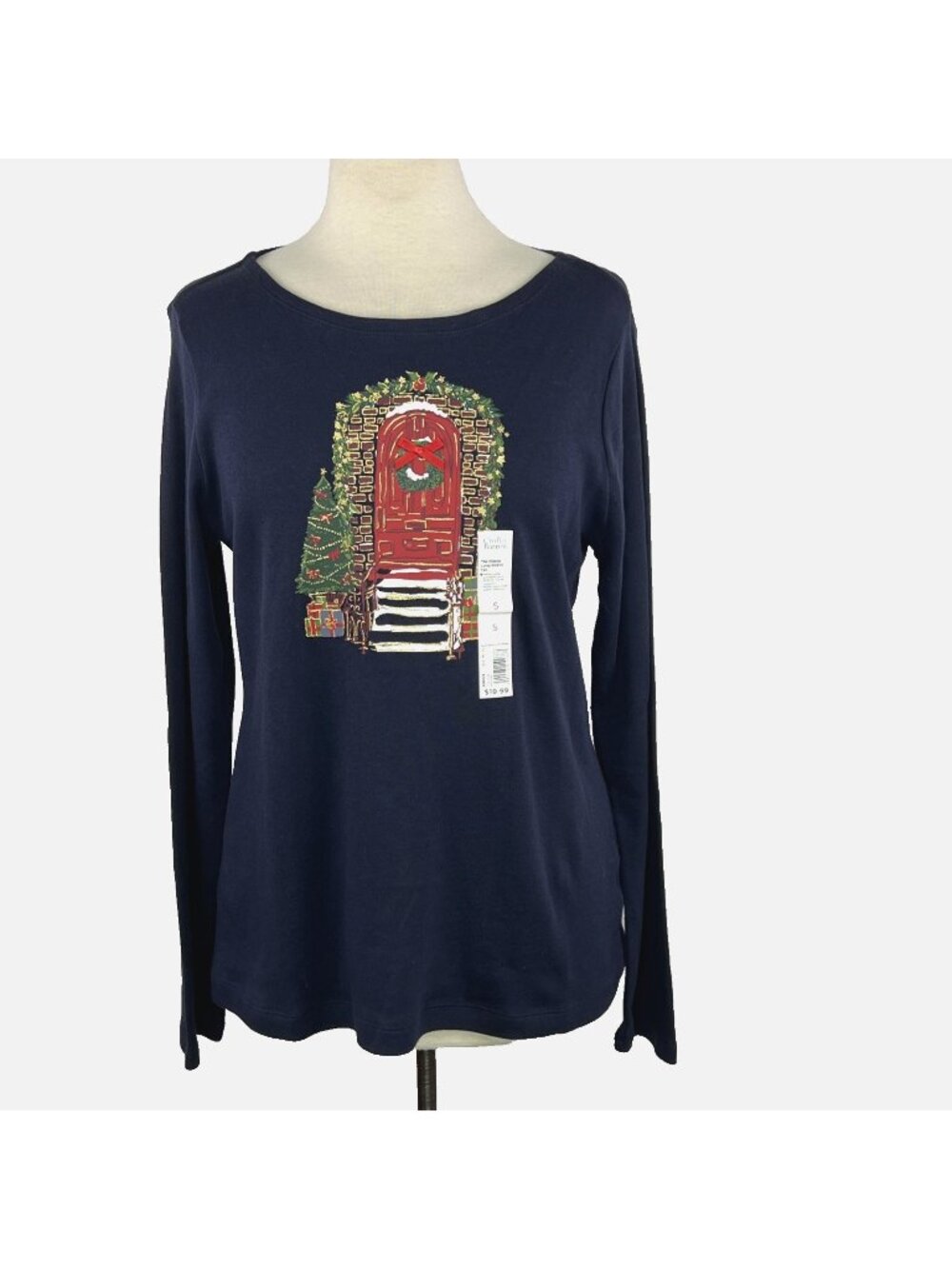 Croft & Barrow Sm Top Classic Tee Shirt Christmas Navy Long Sleeve Glitter Tree
